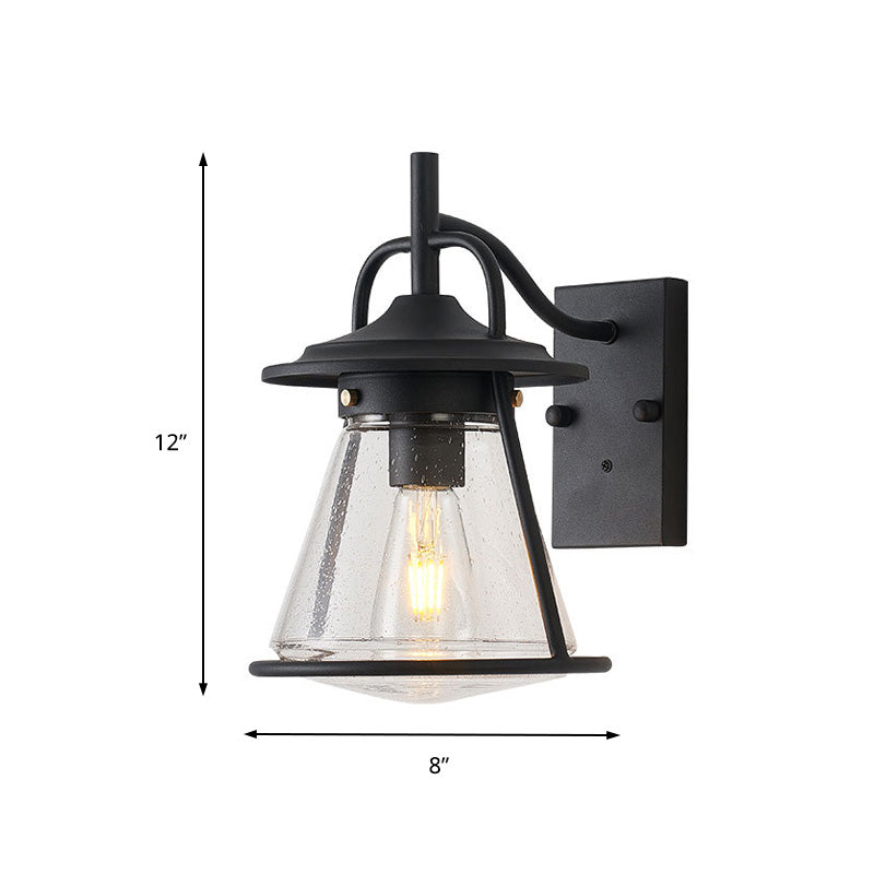 Industrial Black Wall Sconce with Seeded Glass and Cone Shade - Outdoor Lighting