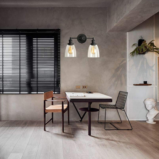 Industrial Black Clear Glass Wall Lamp - 2-Light Tapered Sconce Light with Plug-in Cord for Kitchen