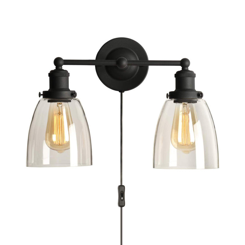 Industrial Black Clear Glass Wall Lamp - 2-Light Tapered Sconce Light with Plug-in Cord for Kitchen