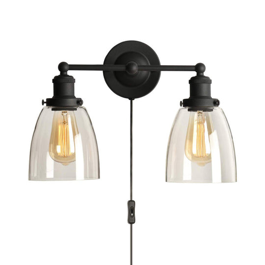 Industrial Black Clear Glass Wall Lamp - 2-Light Tapered Sconce Light with Plug-in Cord for Kitchen