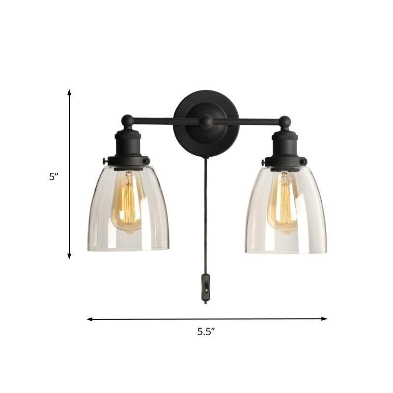 Industrial Black Clear Glass Wall Lamp - 2-Light Tapered Sconce Light with Plug-in Cord for Kitchen