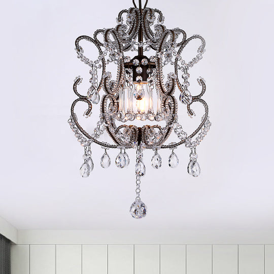 Contemporary Champagne/Coffee Crystal Suspension Light with Curvy Arm - 1-Head Lantern Down Lighting