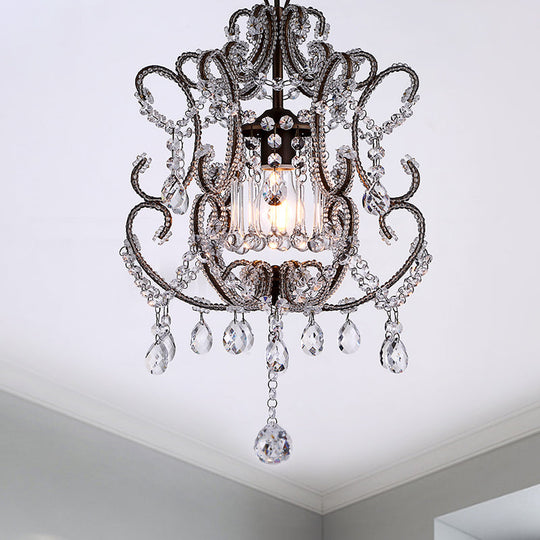 Contemporary Champagne/Coffee Crystal Suspension Light with Curvy Arm - 1-Head Lantern Down Lighting