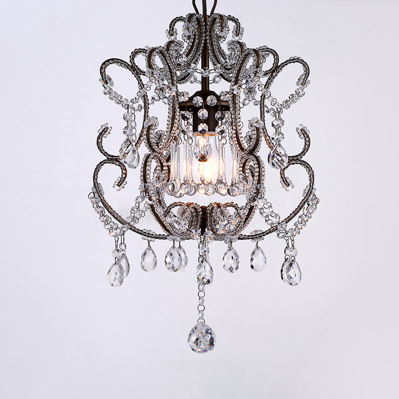 Contemporary Champagne/Coffee Crystal Suspension Light with Curvy Arm - 1-Head Lantern Down Lighting