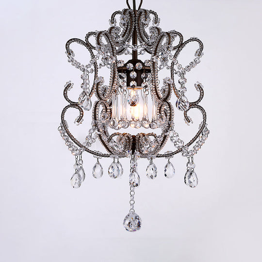Contemporary Champagne/Coffee Crystal Suspension Light with Curvy Arm - 1-Head Lantern Down Lighting