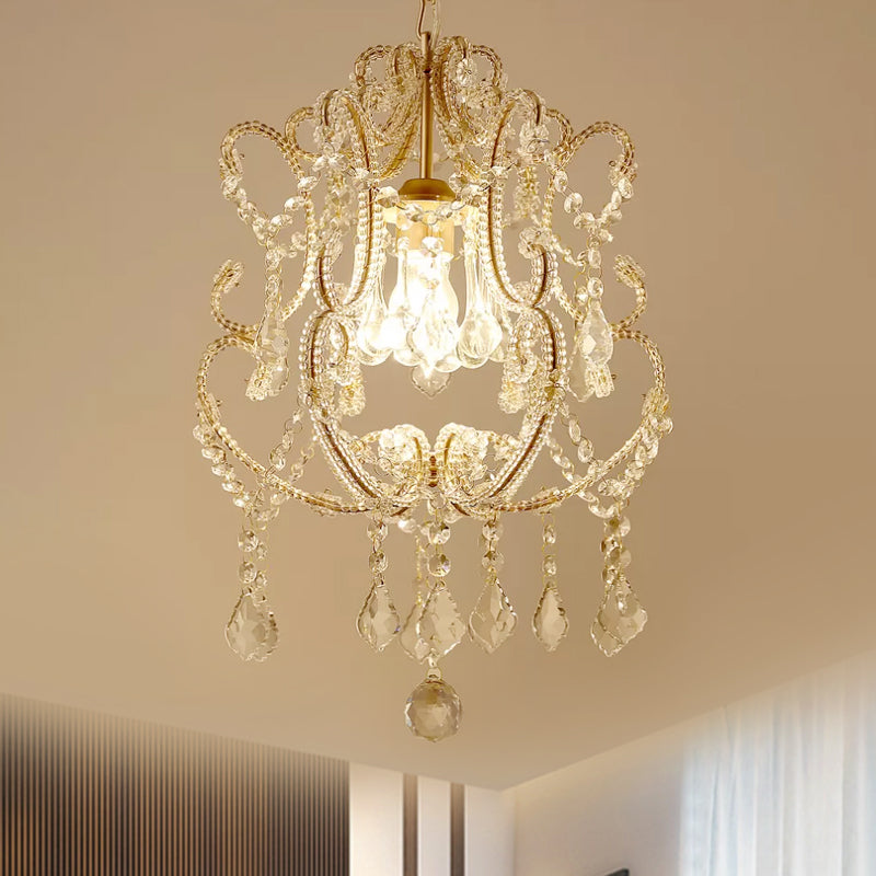 Contemporary Champagne/Coffee Crystal Suspension Light with Curvy Arm - 1-Head Lantern Down Lighting