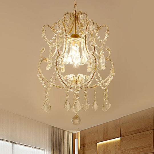 Contemporary Champagne/Coffee Crystal Suspension Light with Curvy Arm - 1-Head Lantern Down Lighting