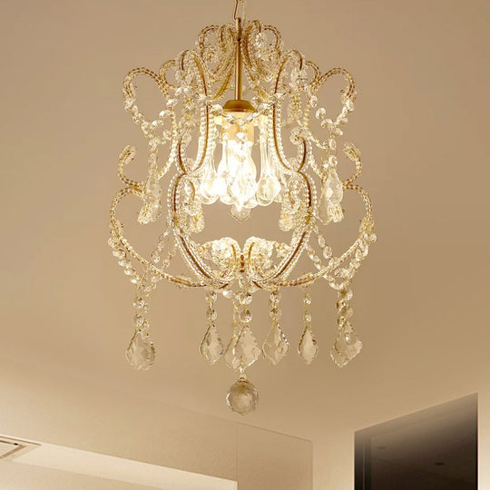 Contemporary Champagne/Coffee Crystal Suspension Light with Curvy Arm - 1-Head Lantern Down Lighting