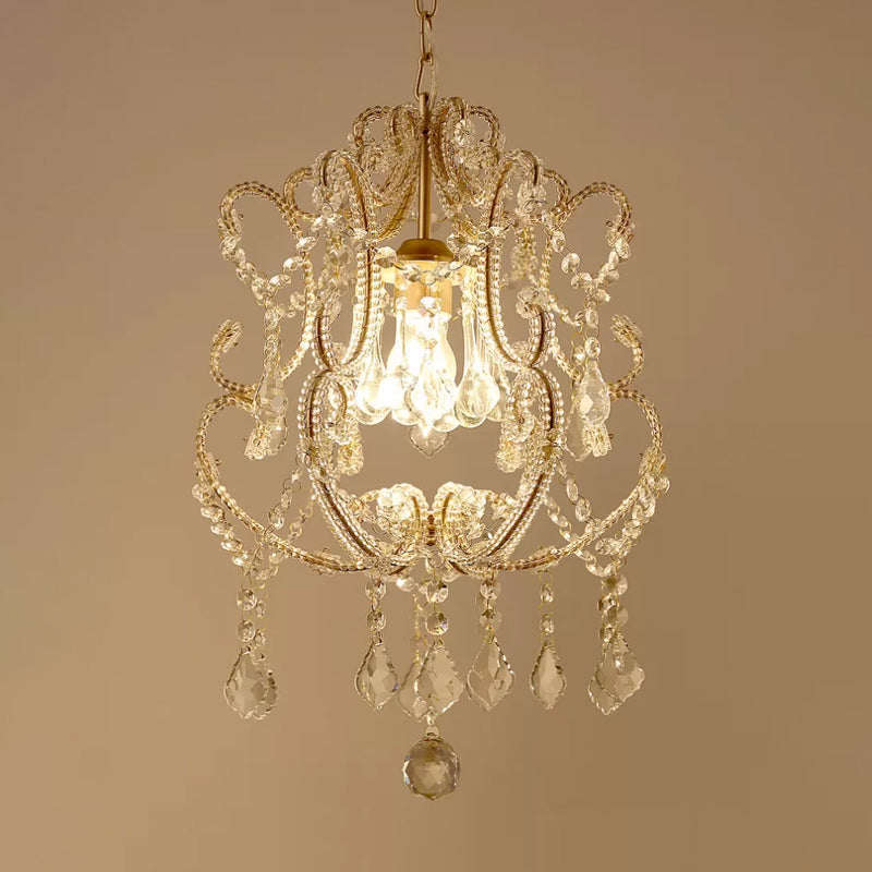 Contemporary Champagne/Coffee Crystal Suspension Light with Curvy Arm - 1-Head Lantern Down Lighting