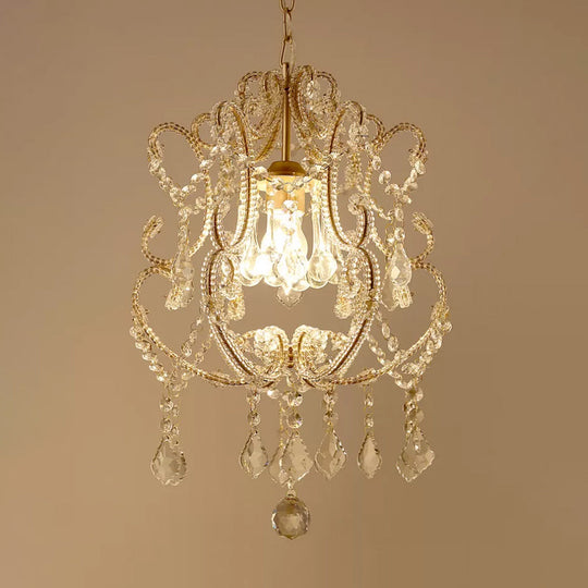 Contemporary Champagne/Coffee Crystal Suspension Light with Curvy Arm - 1-Head Lantern Down Lighting