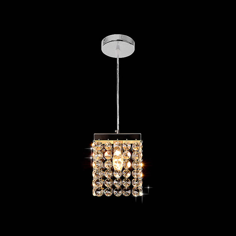 Modern Clear Cut Crystal Cube Suspension Lamp 1-Light Ceiling Hang Fixture - Chrome