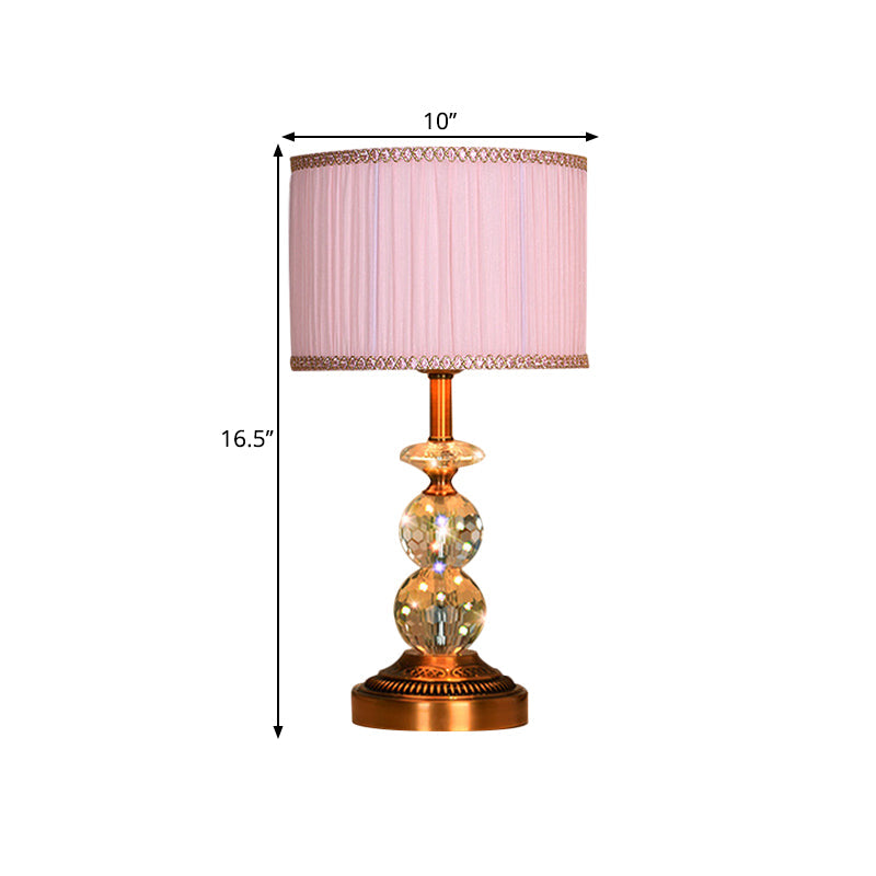 Pink Pleated Fabric Nightstand Lamp with Crystal Orbs: Traditional Design in Pink/White/Coffee Shade