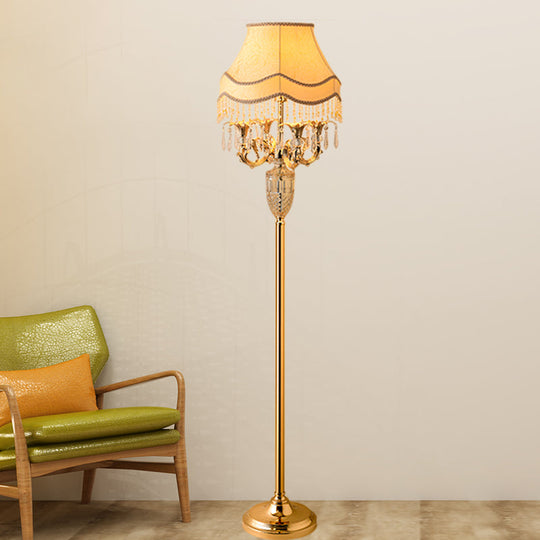 Gold Crystal Spears Floor Reading Lamp with Beige Fabric Shade