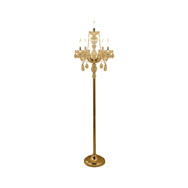 Traditional Clear Crystal Candlestick Floor Lamp with White Shade - Gold Standing Light
