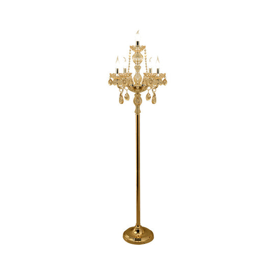Traditional Clear Crystal Candlestick Floor Lamp with White Shade - Gold Standing Light