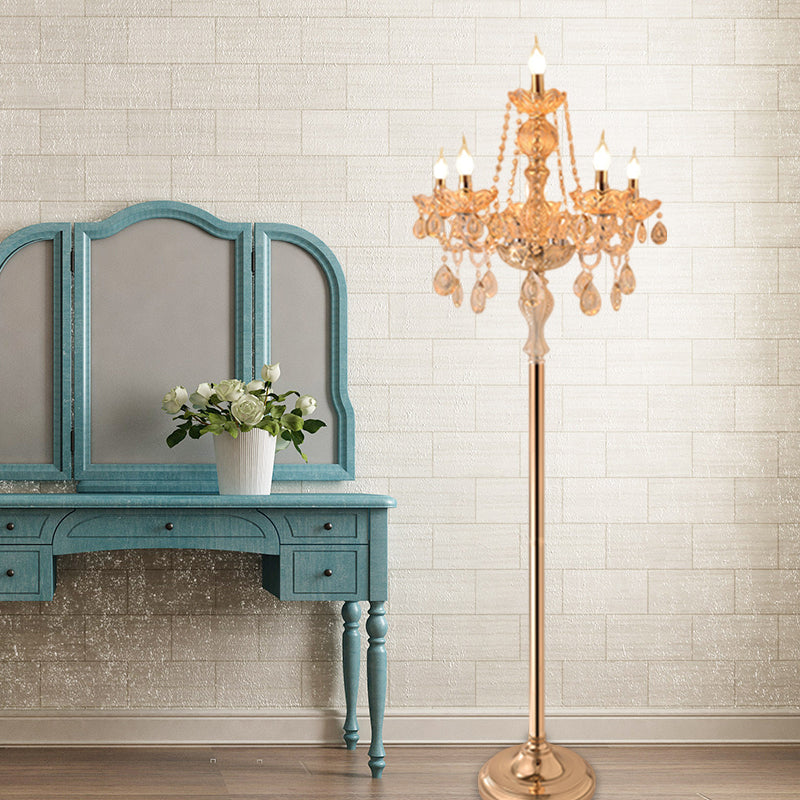 Traditional Clear Crystal Candlestick Floor Lamp with White Shade - Gold Standing Light