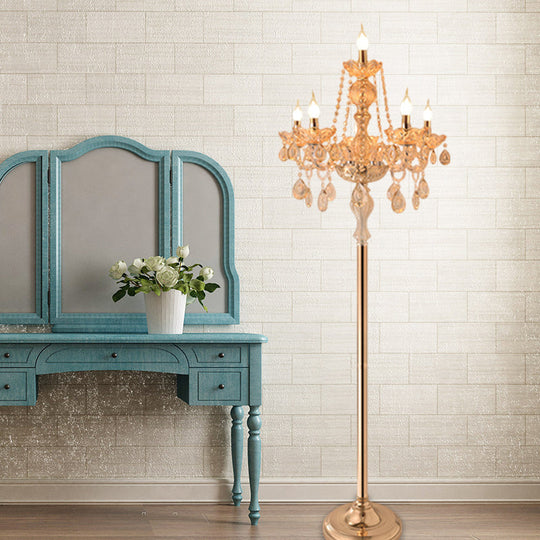 Traditional Clear Crystal Candlestick Floor Lamp with White Shade - Gold Standing Light