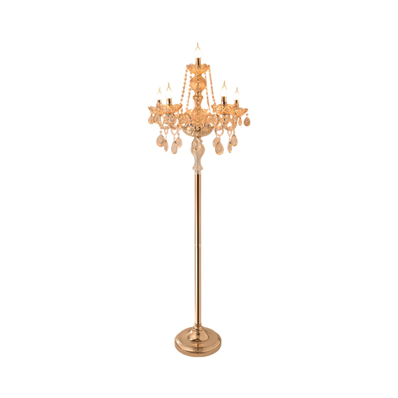 Traditional Clear Crystal Candlestick Floor Lamp with White Shade - Gold Standing Light