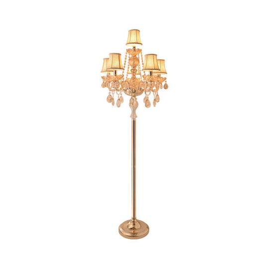 Traditional Clear Crystal Candlestick Floor Lamp with White Shade - Gold Standing Light