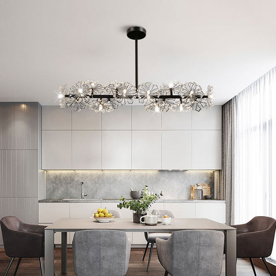 Modern Black/Gold Floral Island Pendant with 16-Head Crystal Design - Hanging Ceiling Light Fixture