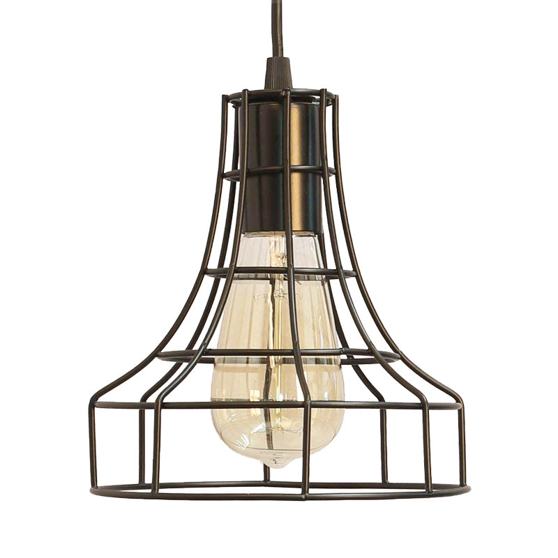 Hanging Ceiling Pendant Light with Bell Cage Shade - Industrial Metal Design for Dining Room - Direct Wired or Plug-In Option