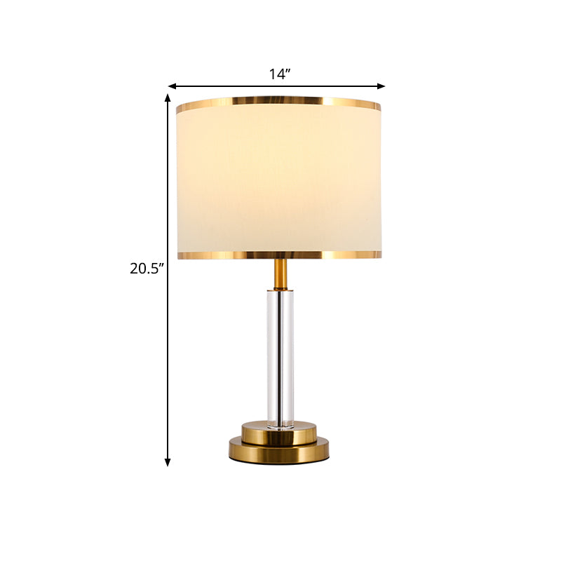White Traditional Table Lamp with Crystal Lamp-Post and Fabric Shade - 1 Bulb Circular Nightstand Light