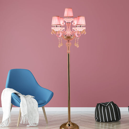 Pleated Lampshade Crystal Pink Floor Reading Lamp with Traditional Candlestick Design - 5/6/7-Head Standing Light
