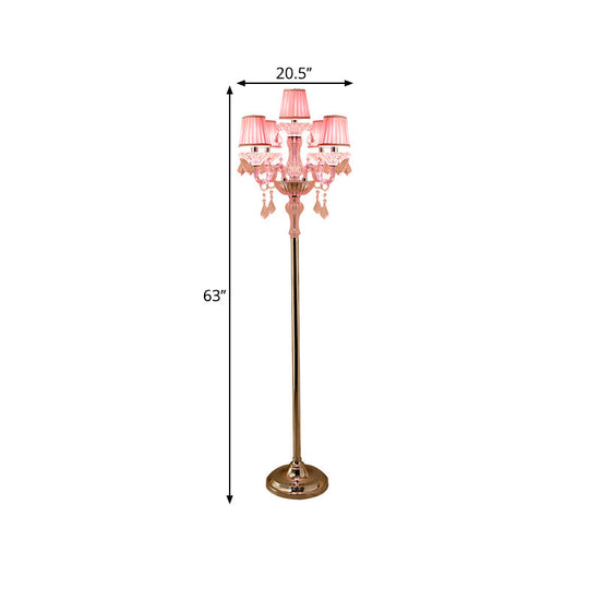 Pleated Lampshade Crystal Pink Floor Reading Lamp with Traditional Candlestick Design - 5/6/7-Head Standing Light
