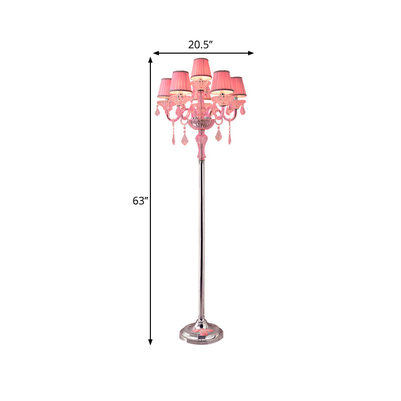 Pleated Lampshade Crystal Pink Floor Reading Lamp with Traditional Candlestick Design - 5/6/7-Head Standing Light