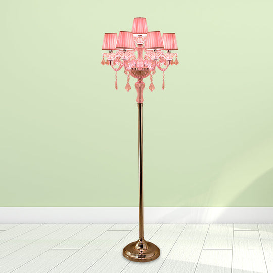 Pleated Lampshade Crystal Pink Floor Reading Lamp with Traditional Candlestick Design - 5/6/7-Head Standing Light
