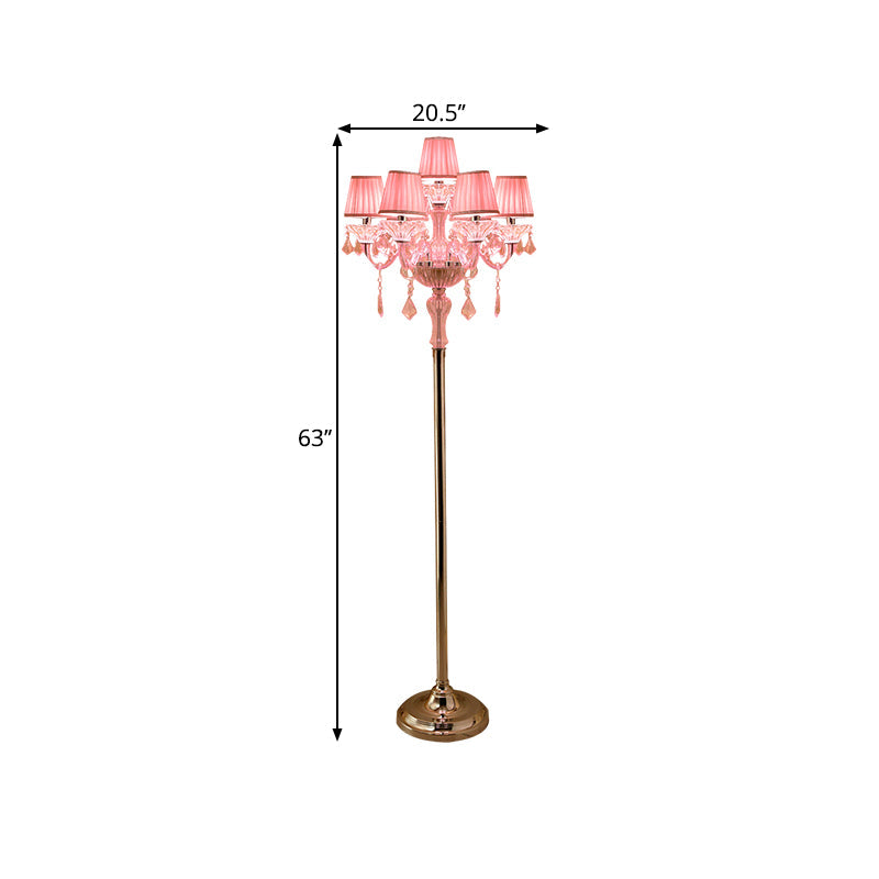Pleated Lampshade Crystal Pink Floor Reading Lamp with Traditional Candlestick Design - 5/6/7-Head Standing Light