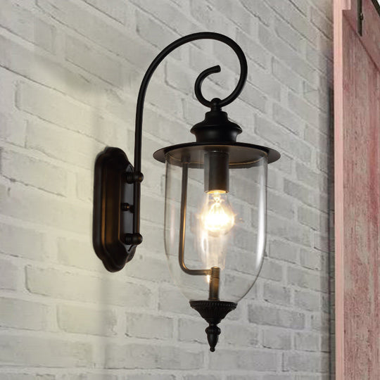 Outdoor Clear Glass Wall Mounted Lamp - Industrial Single Bulb Sconce Light with Curved Arm