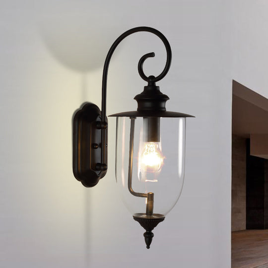 Outdoor Clear Glass Wall Mounted Lamp - Industrial Single Bulb Sconce Light with Curved Arm