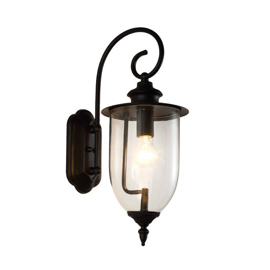 Outdoor Clear Glass Wall Mounted Lamp - Industrial Single Bulb Sconce Light with Curved Arm