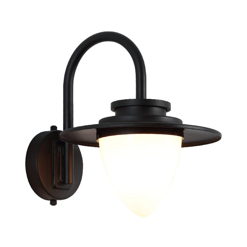 Milky Glass Coffee Wall Sconce Light - Conical Industrial Fixture with Metal Gooseneck Arm