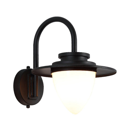 Milky Glass Coffee Wall Sconce Light - Conical Industrial Fixture with Metal Gooseneck Arm