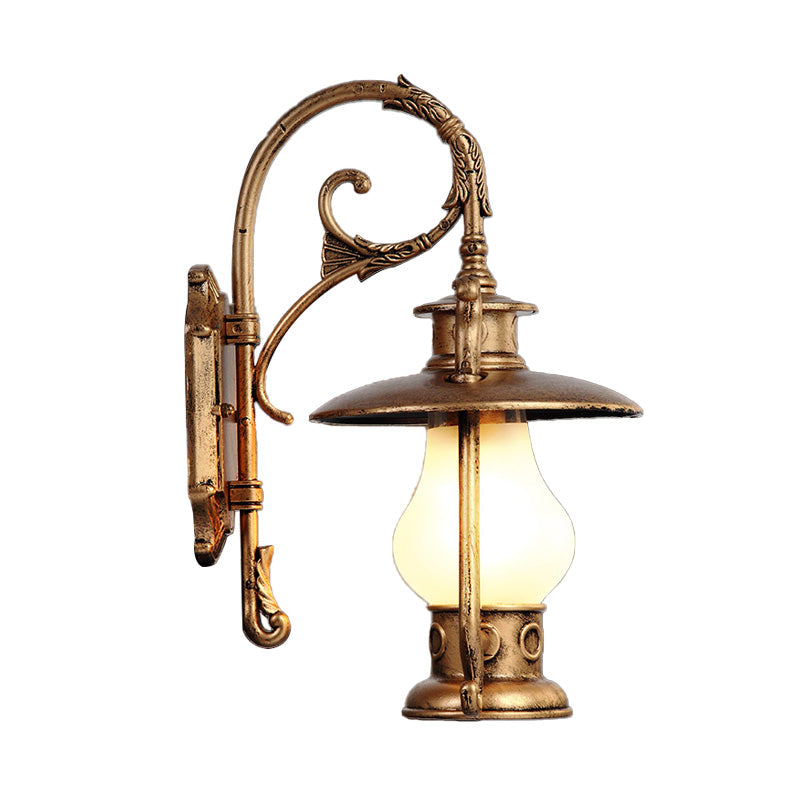 Frosted Glass Coastal Wall Mounted Lantern: Single Bulb Outdoor Sconce Light in Black/Aged Brass