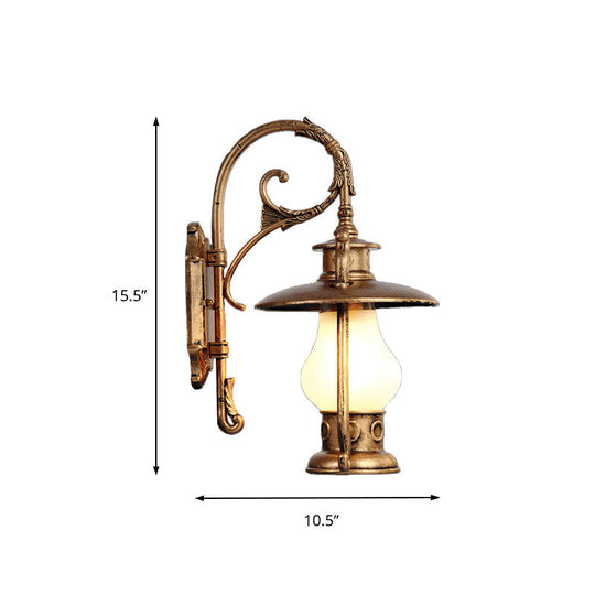 Frosted Glass Coastal Wall Mounted Lantern: Single Bulb Outdoor Sconce Light in Black/Aged Brass