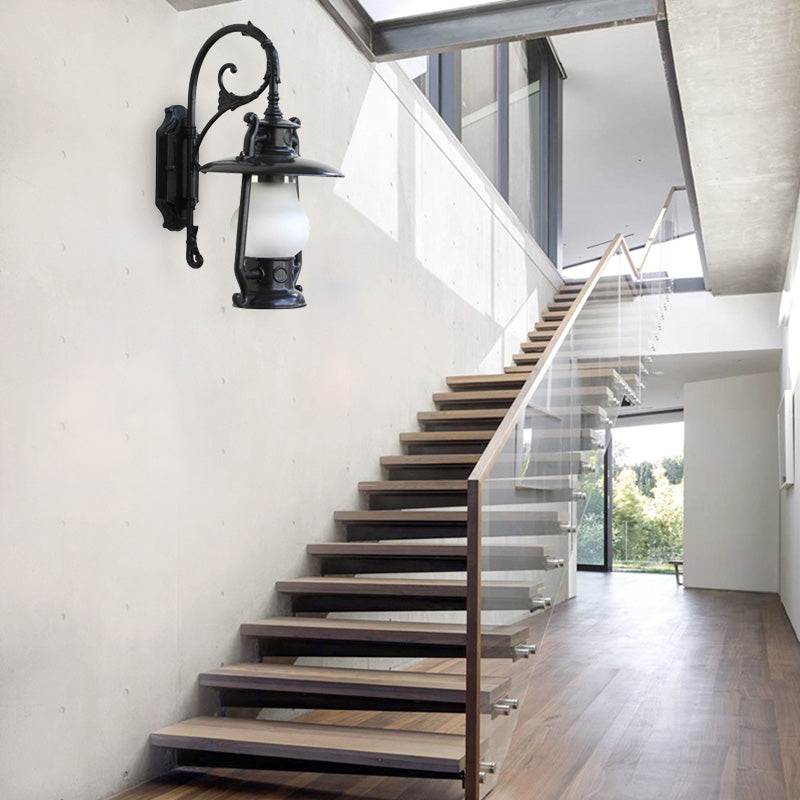 Frosted Glass Coastal Wall Mounted Lantern: Single Bulb Outdoor Sconce Light in Black/Aged Brass