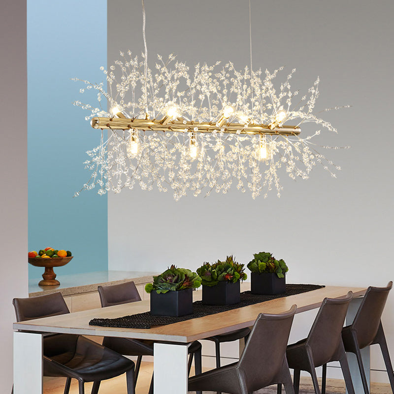 Modern Crystal Flower Island Pendant Ceiling Lamp for Kitchen (9/12-Head, Chrome/Gold)