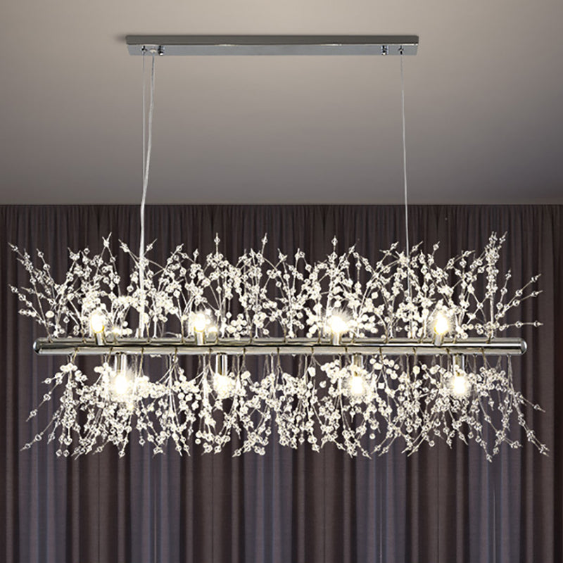 Modern Crystal Flower Island Pendant Ceiling Lamp for Kitchen (9/12-Head, Chrome/Gold)