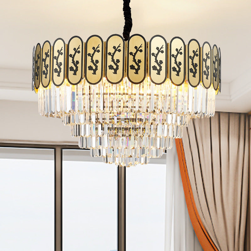Modern Round Chandelier with Flower Pattern, Crystal and Metal Hanging Light for Bedroom - Brass Finish