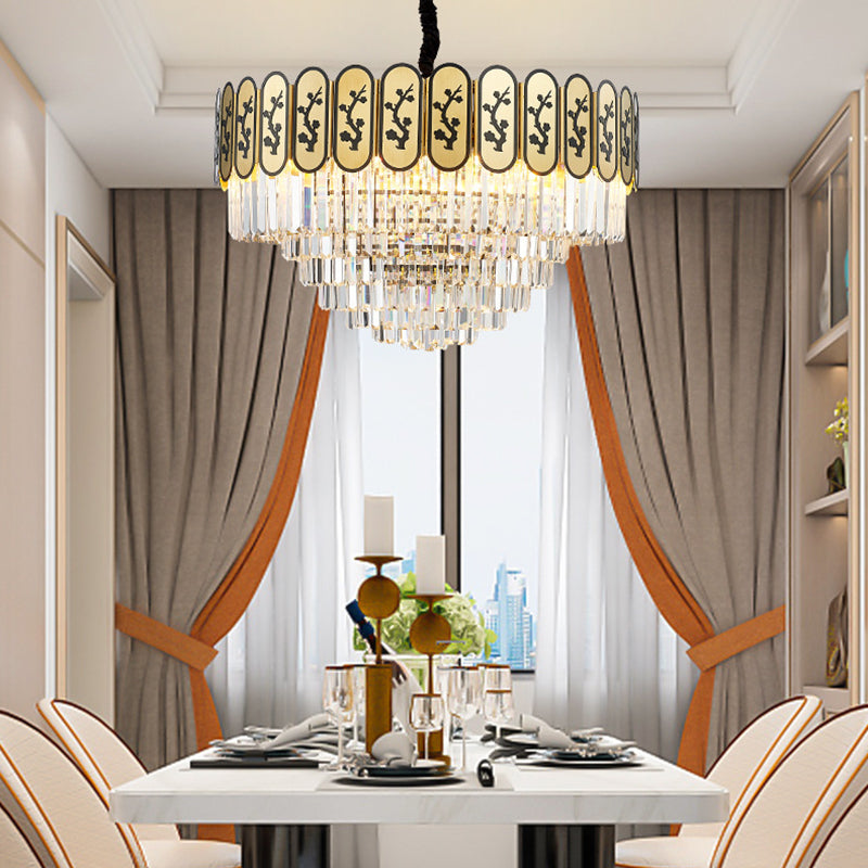 Modern Round Chandelier with Flower Pattern, Crystal and Metal Hanging Light for Bedroom - Brass Finish