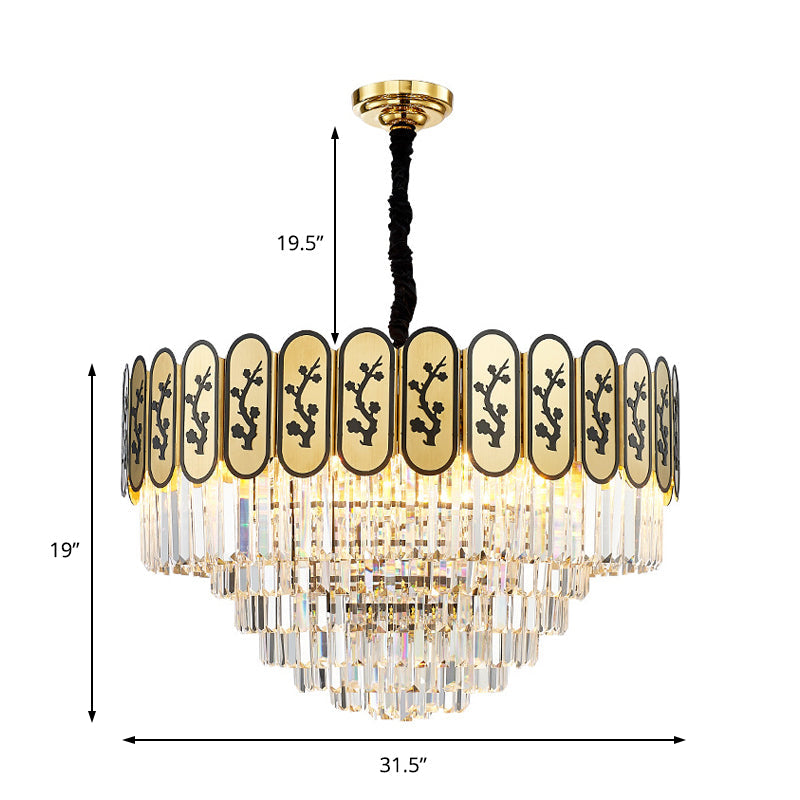 Modern Round Chandelier with Flower Pattern, Crystal and Metal Hanging Light for Bedroom - Brass Finish