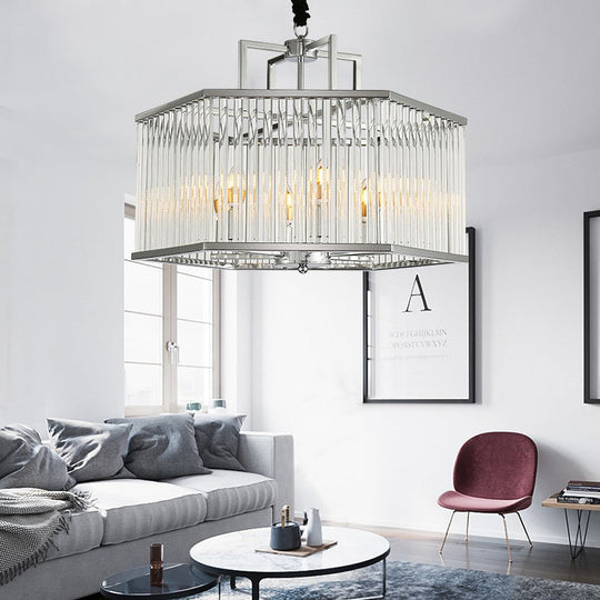 Hexagon Chrome Pendant Chandelier with Crystal - Modern Metal Hanging Lamp for Living Room