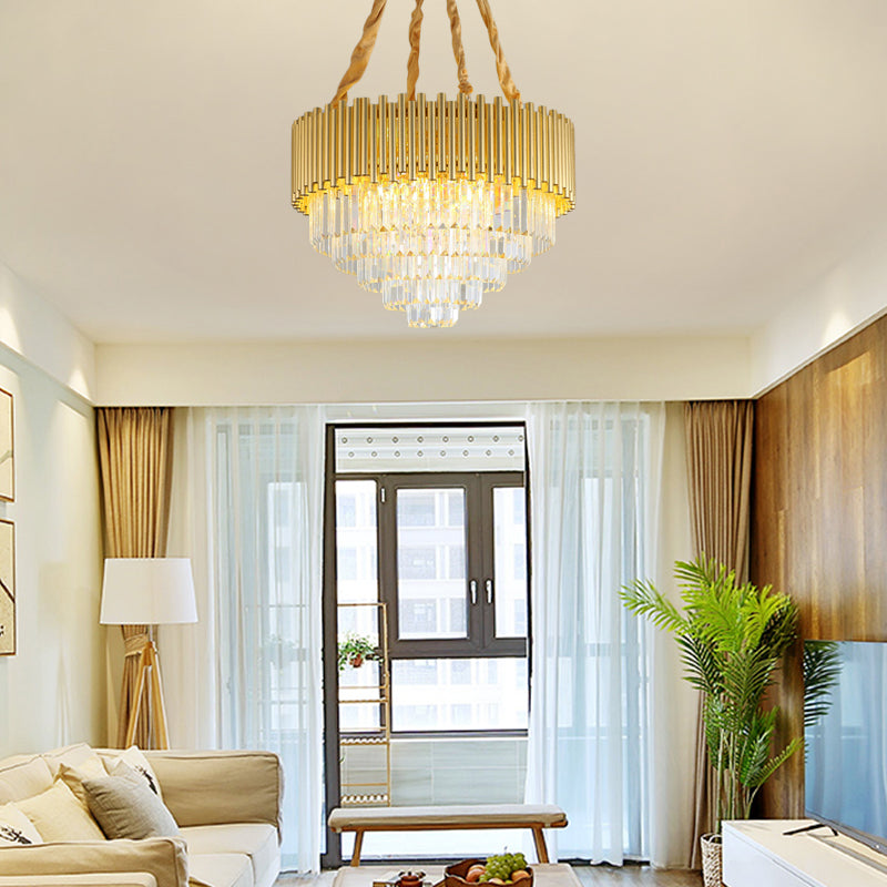 Contemporary 3-Tier Circle Metal Pendant Chandelier Light with K9 Block, Brass Finish