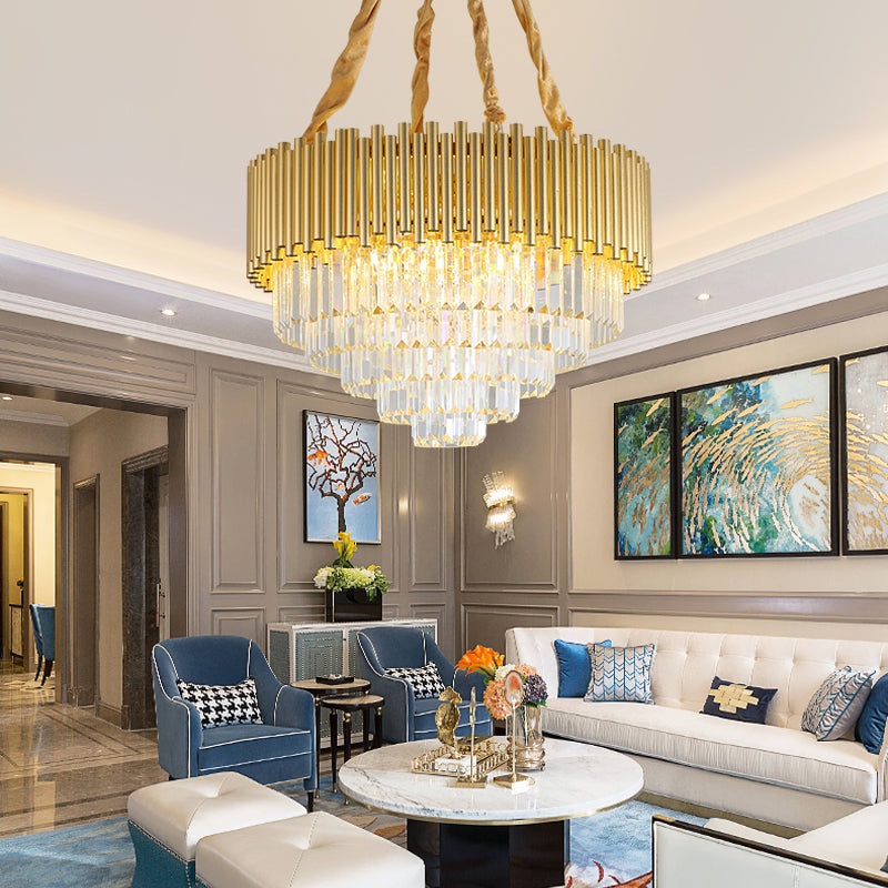 Contemporary 3-Tier Circle Metal Pendant Chandelier Light with K9 Block, Brass Finish