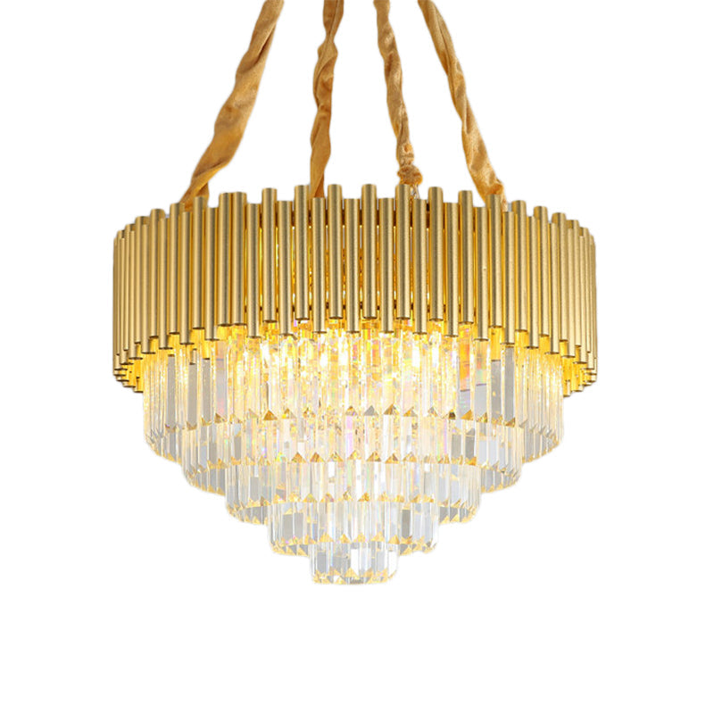 Contemporary 3-Tier Circle Metal Pendant Chandelier Light with K9 Block, Brass Finish
