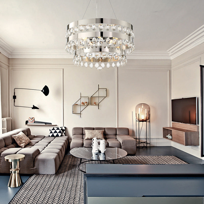 Metallic Multi Light Chandelier with Clear Crystal Deco and Tiered Ring Design in Chrome