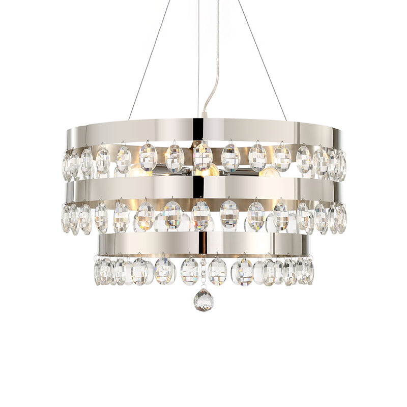 Metallic Multi Light Chandelier with Clear Crystal Deco and Tiered Ring Design in Chrome